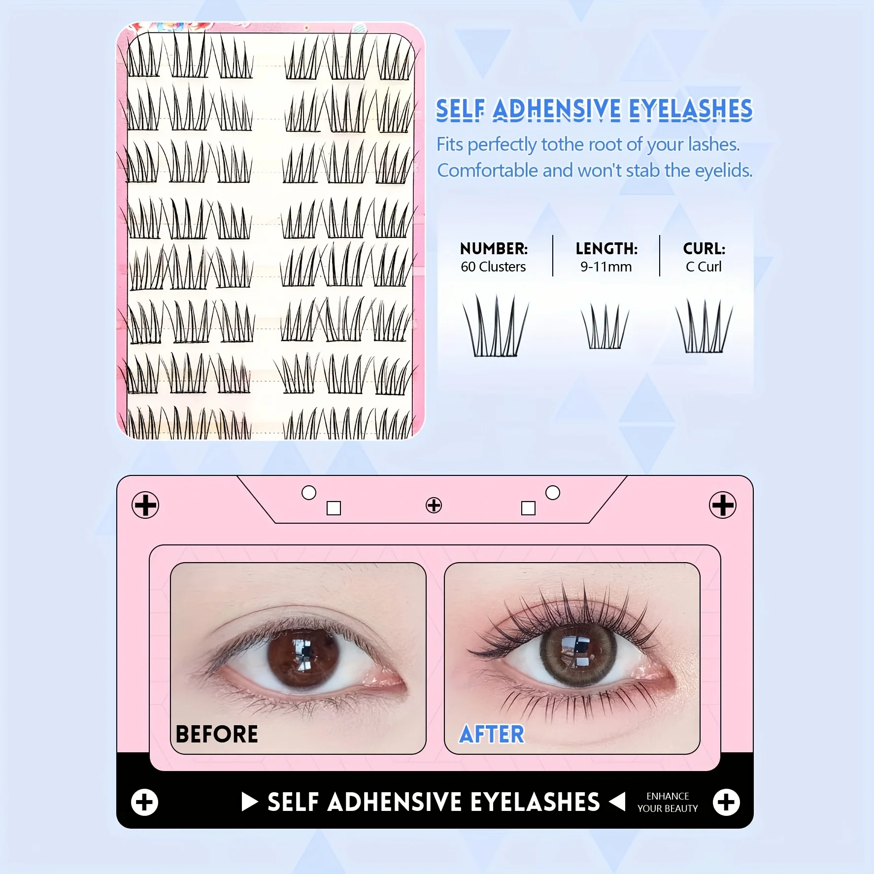 Selbstklebende Hunde-Augen-Cluster-Wimpern, 6/10 Reihen, gekräuselt, 12 mm, natürlicher, länglicher Look, passend, kein Kleber erforderlich, schnelle Anwendung – Detail 5