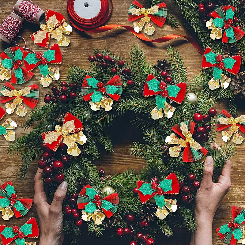 

1PC Christmas Bow with Bells Mini Bowknot Christmas Tree Garland Hanging Ornaments Xmas New Year Party Decorations