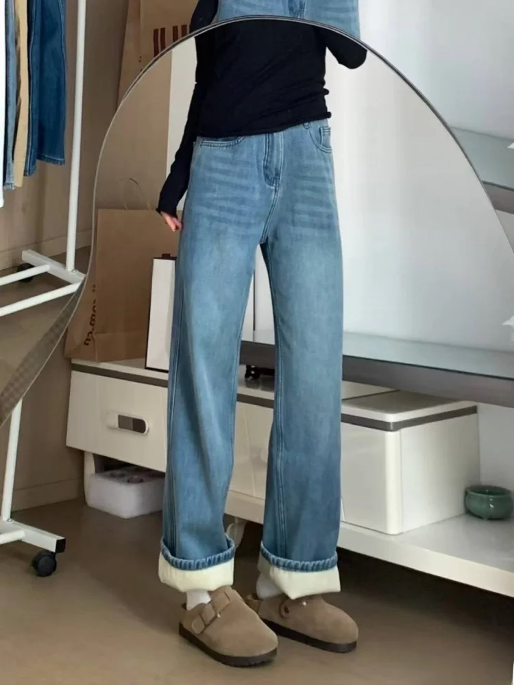 حجم كبير Thiened Fce عالية الخصر الجينز المرأة الشتاء فضفاض بنطال ذو قصة أرجل واسعة مستقيم قطع الطابق طول بنطلون