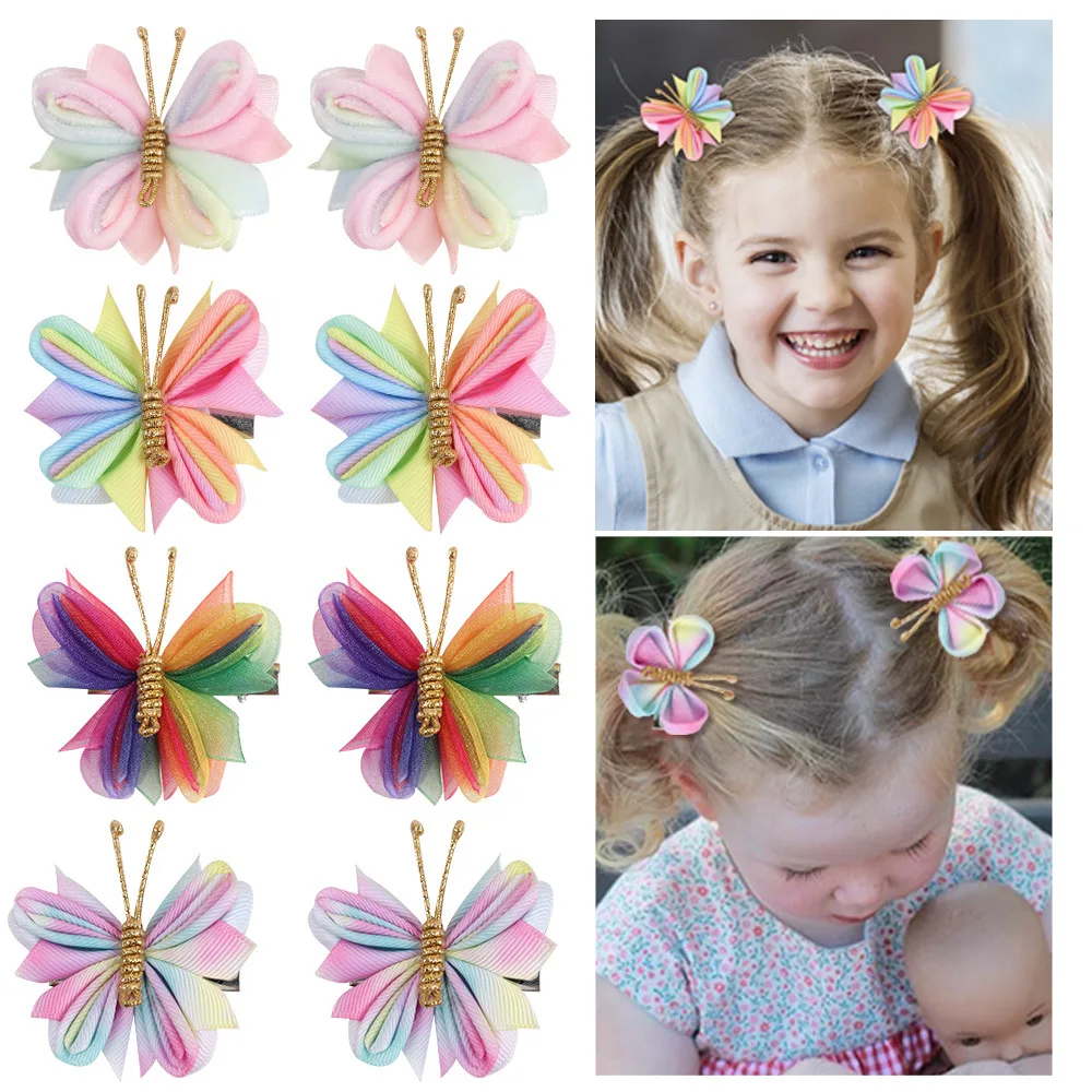 2pcs/set Butterfly Hair Clip Gradient Flocking Hairpins with Gold Cute Gauze Headwear Girls Children Hair Accessories Gift