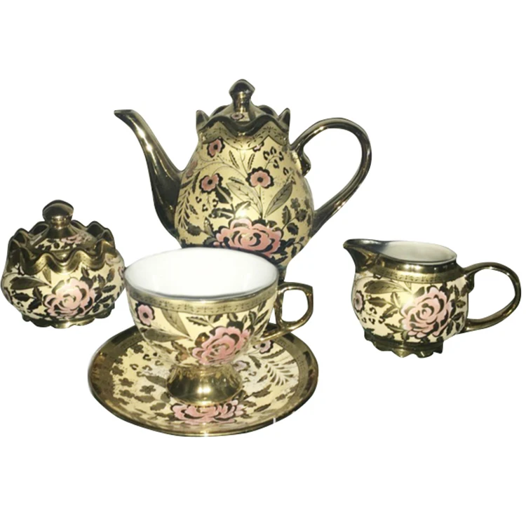 Juego de café chapado en oro de lujo de porcelana fina con calcomanía completa, juego de tazas de té para Pakistán