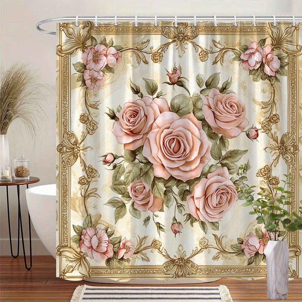 1pc Victorian floral shower curtain - pink roses and lush green leaves, ornate gold border, polyester, machine washable