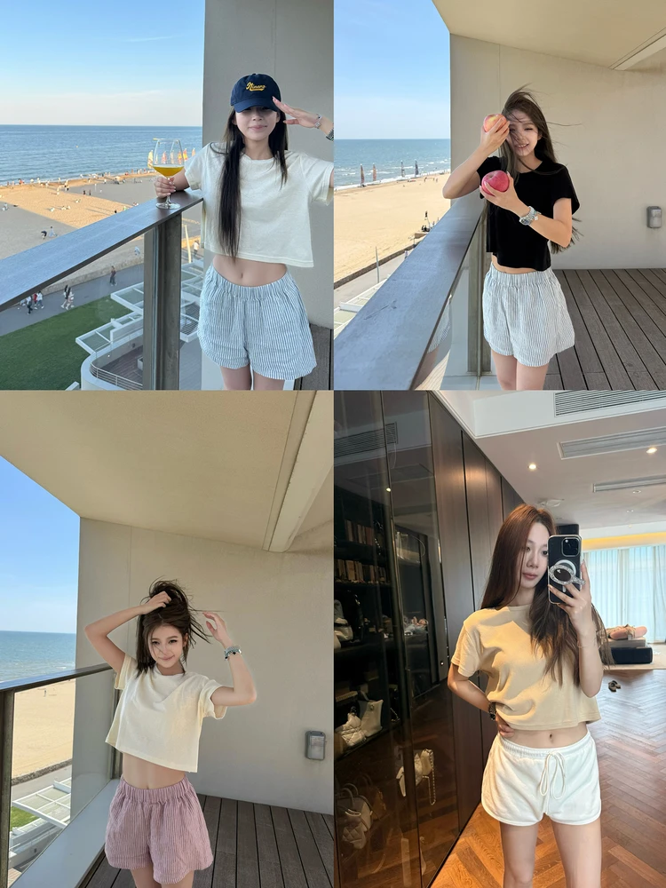 

Soft And Comfortable EEWEN LA MODE oulder-Length Bla And White Skin Color Loose T-irt Casual Sle Pure Color Cotton ...