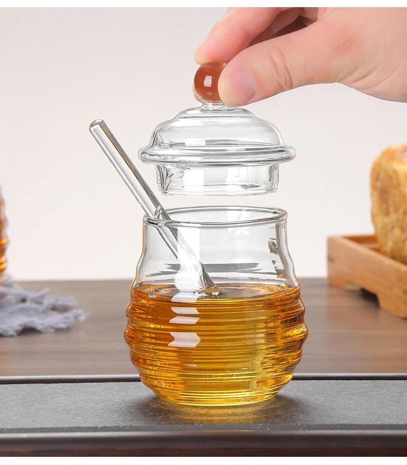 Glass Honey Jar Clear Glass Honey Pot with Dipper Spoon Small Kitchen Storage Bottle Jar Honey Server Container for Syrup