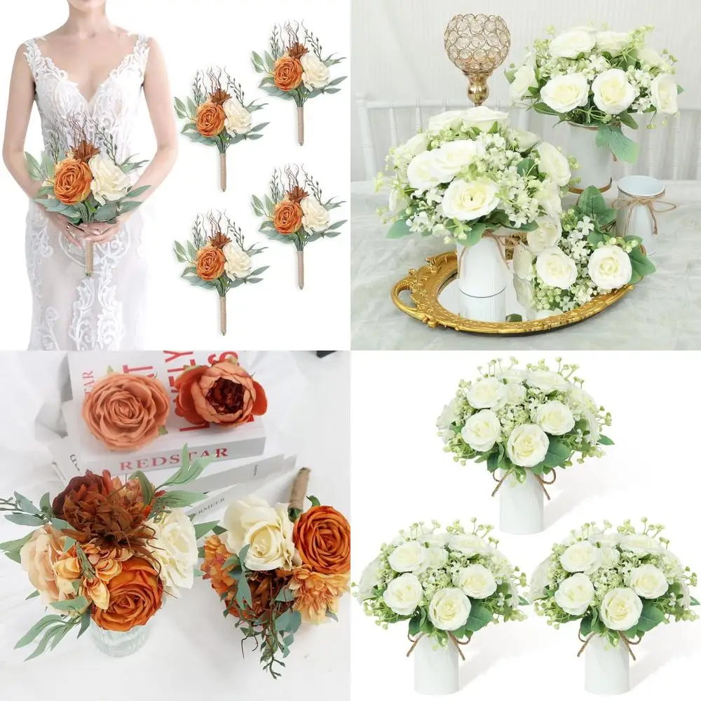 

Set of 4 Burnt Orange Bridesmaid Bouquets and 3-piece Thanksgiving Table Centerpiece for Wedding Decor