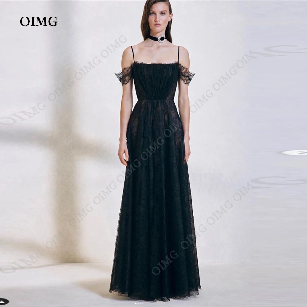 OIMG Black Tulle Flowers Off Shoulder Evening Dresses Spaghetti Straps Lady Gorgeous Lace Applique A Line Formal Prom Gowns