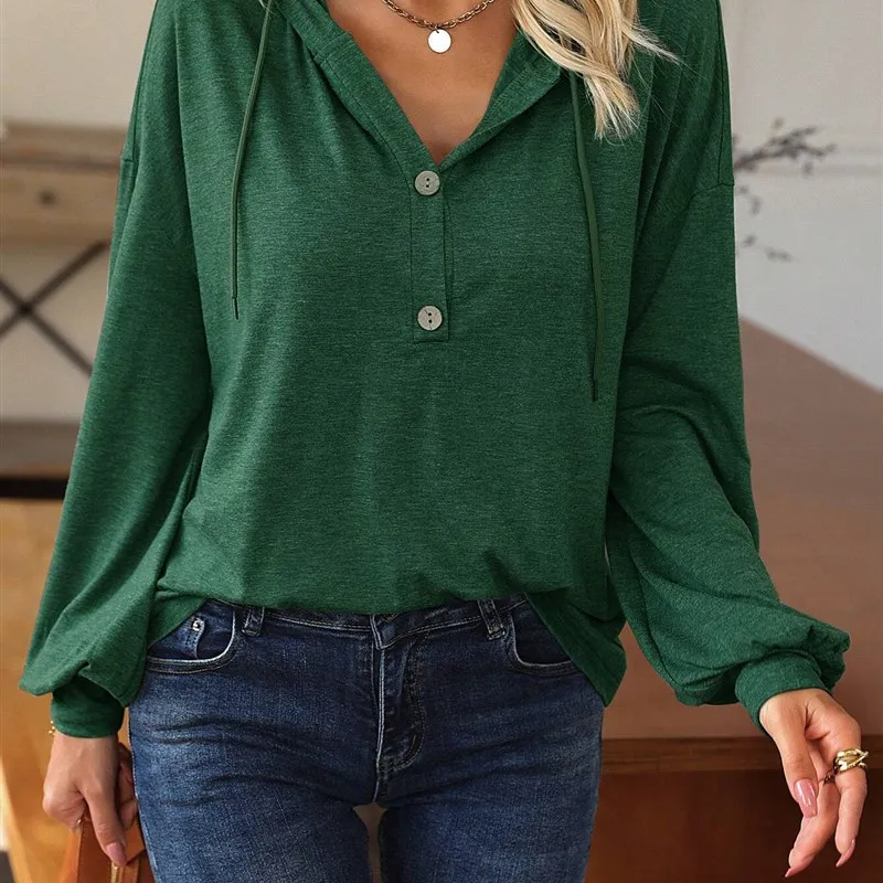 Herbst Winter Damen Casual Hoodie Long Sve T-Shirt Loose Fit Straight Saum Basic Color Top für Damen