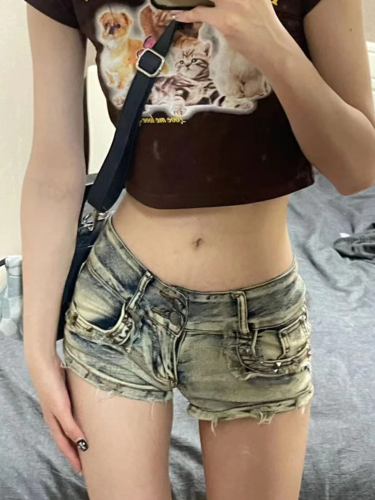 Szorty Damskie Y2k Punk Styl Amerykański Sexy Nit Vintage Denim Moda Gotyk Klub Odzież Kieszenie Niska Talia Retro Lato Estetyka