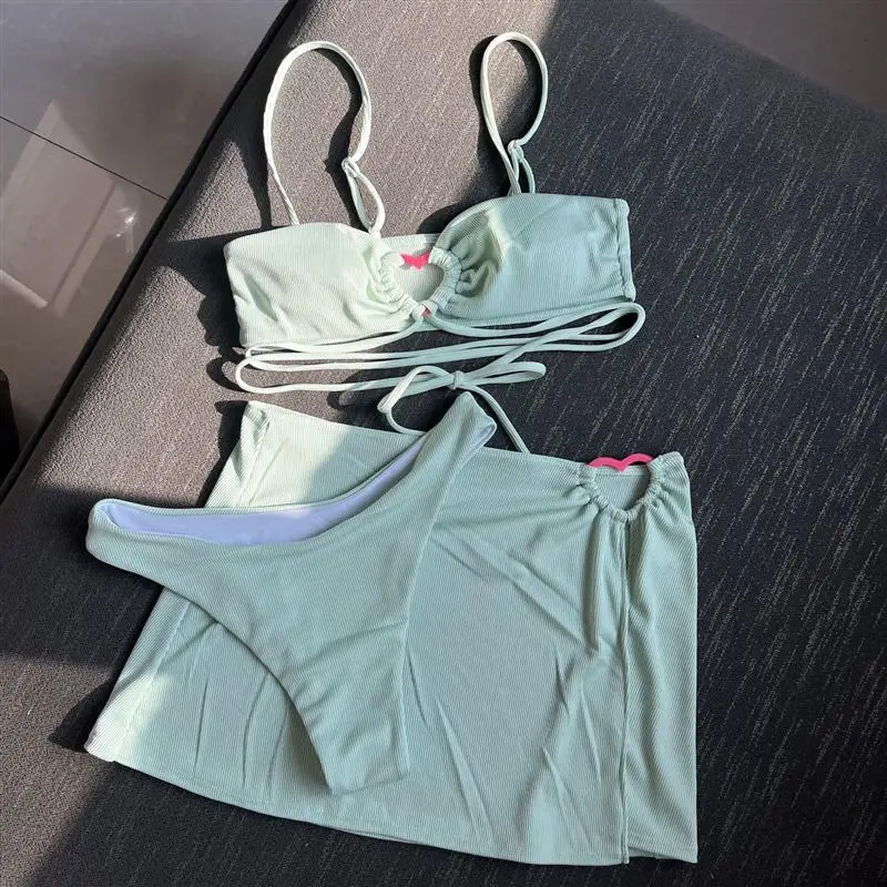 

Ladies Pure Color Three-piece Swimsuit Bikini Nylon Polyester Material Sports Fitness Swimming Suit with Chest Pad No Steel Ring