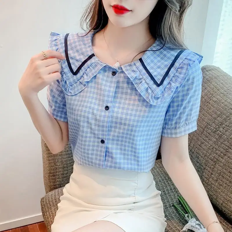 Fashion Korean Summer New Blouses Women\'s Polo Collar Spliced Editable Tree Fungus Plaid Button Loose Casual Short Sleeve Shirts