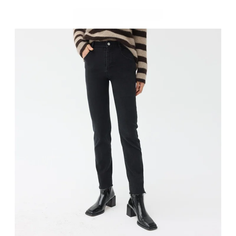 

Женские джинсы с высокой талией, теплые, с эффектом потертости, универсальные, без этикетки, высококачественные, зимние, из денима, комплект из девяти предметов