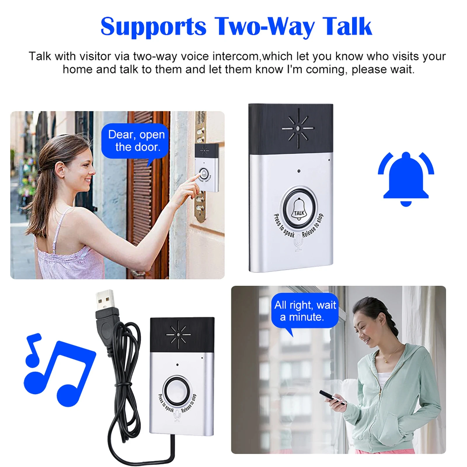 Wireless Voice Intercom Doorbell 2-way Talk Monitor with 1*Outdoor Unit Button 1* Indoor Unit Receiver Home Security Door Bell