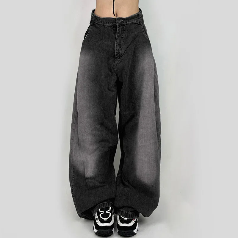 Style Vintage Washed Solid Color Denim Pants with Street Fashion Personality Low Waist Loose Straight Leg Wide Leg Pants Women