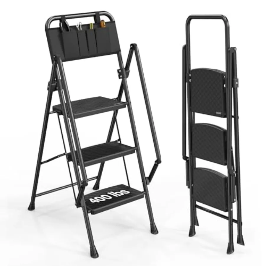 3 Step Ladder with Handrails for Home Kitchen Pantry Office, Black Steel with Widened Anti-Slip Pedal, 500lbs Capacity Lightwei