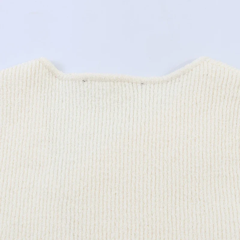 Women Ribbed Short Cardigan Diagonal Silver Shell Button Long Sleeve Irregular Neck Slim Knit Coat Daily Casual Sweater