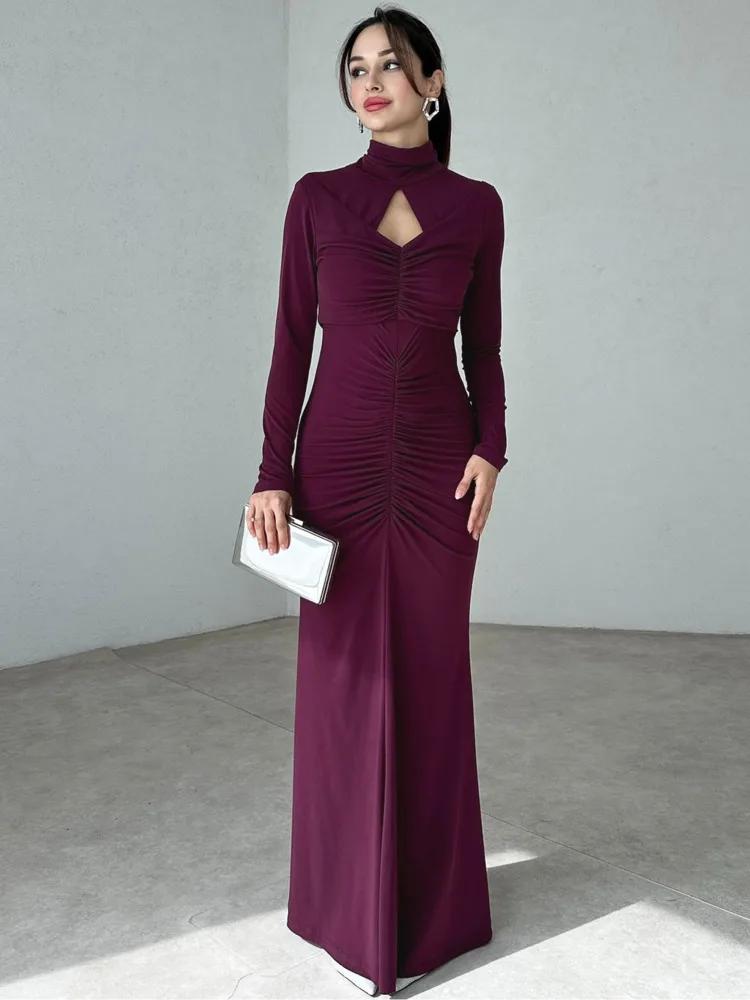 Mozision Hollow Out 여성을위한 긴 소매 섹시한 맥시 드레스 패션 터틀넥 Ruched Bodycon 클럽 파티 우아한 롱 드레스