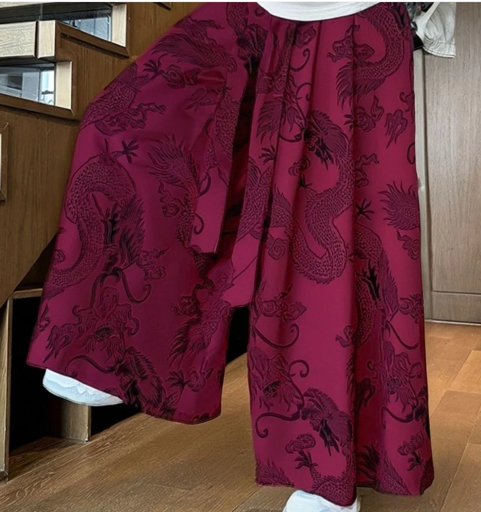Men's Hanfu Pants Ice Silk Jacquard Dragon Pattern Casual Wide-Leg Trousers Retro Chinese New Fashion wushu clothing