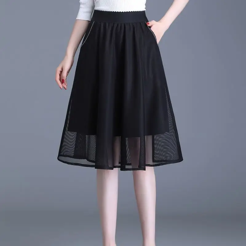 

Fashionable and Casual Elastic Waist Solid Color Mesh Sheer Skirt Elegant and Slender Sheer Skirt Spring and Summer P848