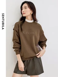 SENTUBILA Spring Autumn Sweatshirt Women Casual Simple Letter Print Pullovers Ladies Crew Neck Striped Patchwork Top 133A51106