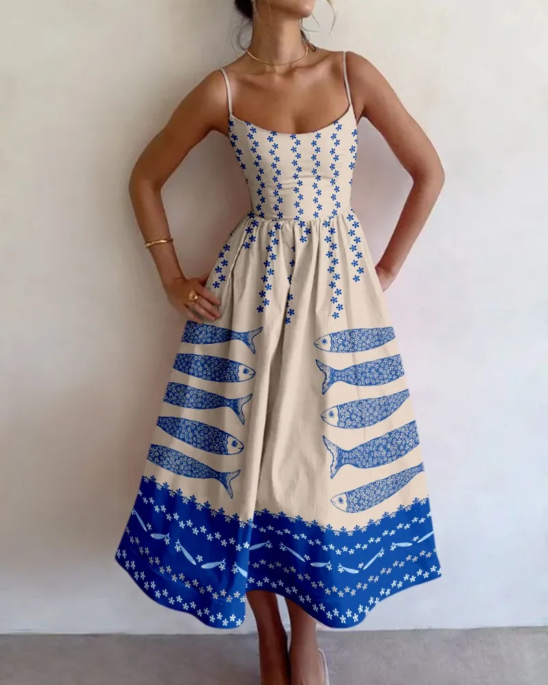 

Summer Women Print Bodycon Dress Sling Cold Shoulder High Waist A-line Maxi Dresses Beach Party Gowns Casual Vestidos Fashion