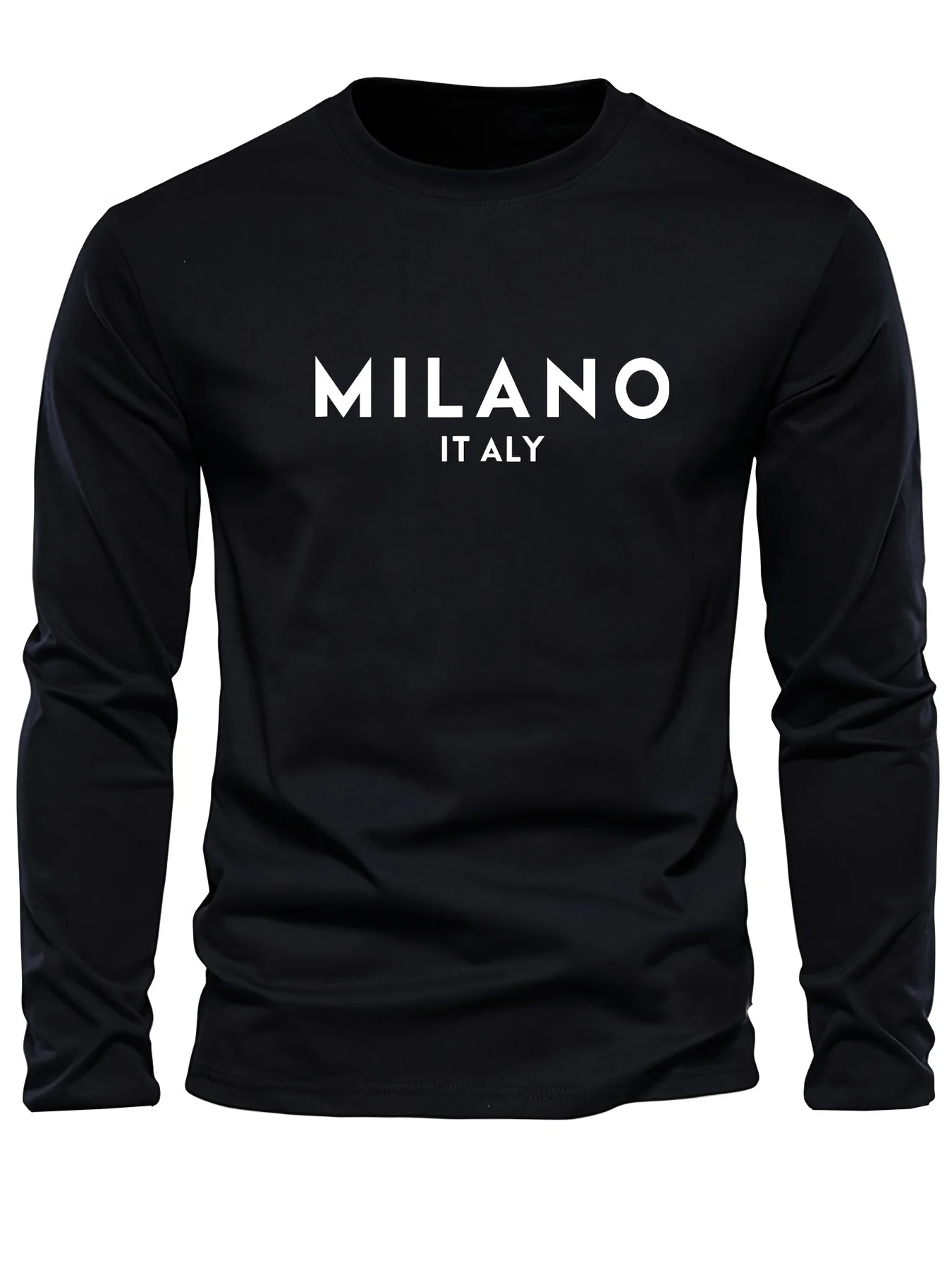 تي شيرت رجالي مريح من القطن الخالص 100% رياضي فضفاض مناسب مقاس كبير ميلانو إيطالي مطبوع برقبة دائرية وأكمام طويلة تي شيرت علوي