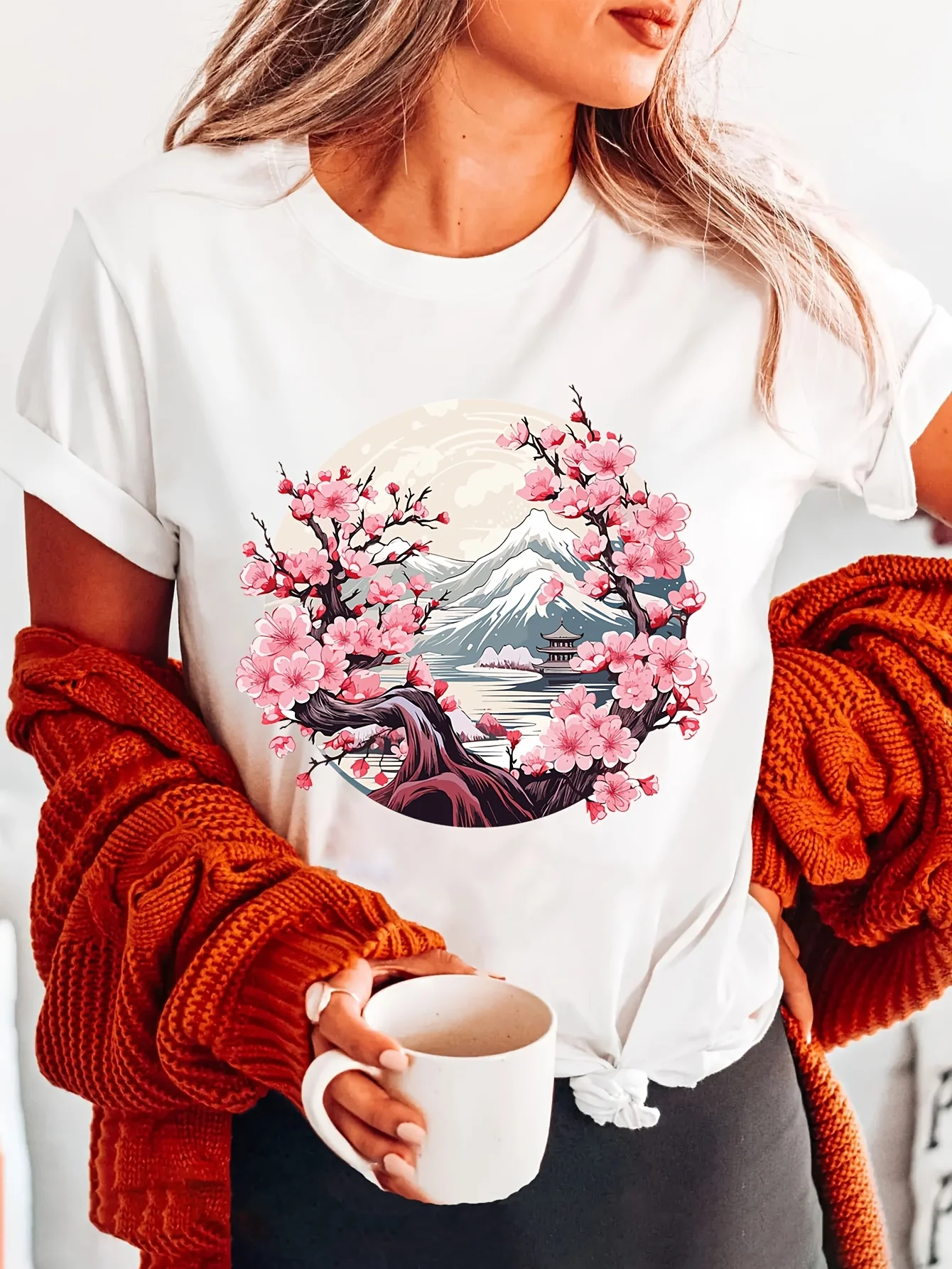 Neck Casual Top for Summer & Spring Women'S Clothing Cherry Blossom Tree Print T-Shirt Short Sleeve Crew