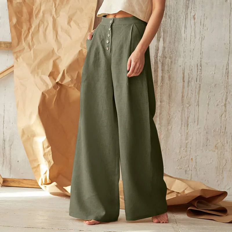 2023 New Women Fashion Linen Cotton Solid Button Tall Waist Trousers Female Plus Size Summer Casual Wide-Legged Pants