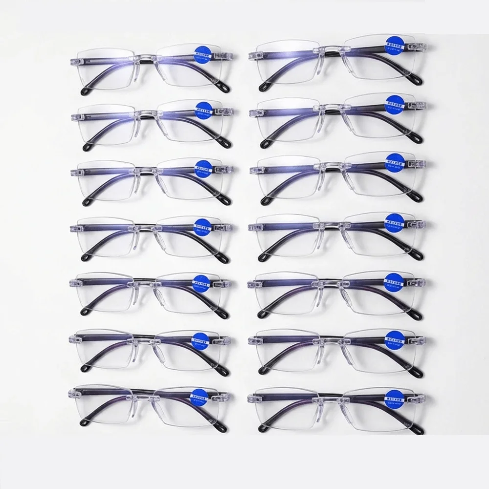 

14PCS Vintage Style Rimless Reading Glasses - Rectangular Frame, Blue Light Blocking, Anti-Fatigue, Unisex, Lightweight PC