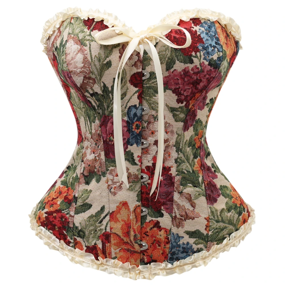 Women Vintage Floral Jacquard Overbust Corset Sweetheart Ruffle Bow Front Busk Back Lace Up Halloween Evening Party Wear