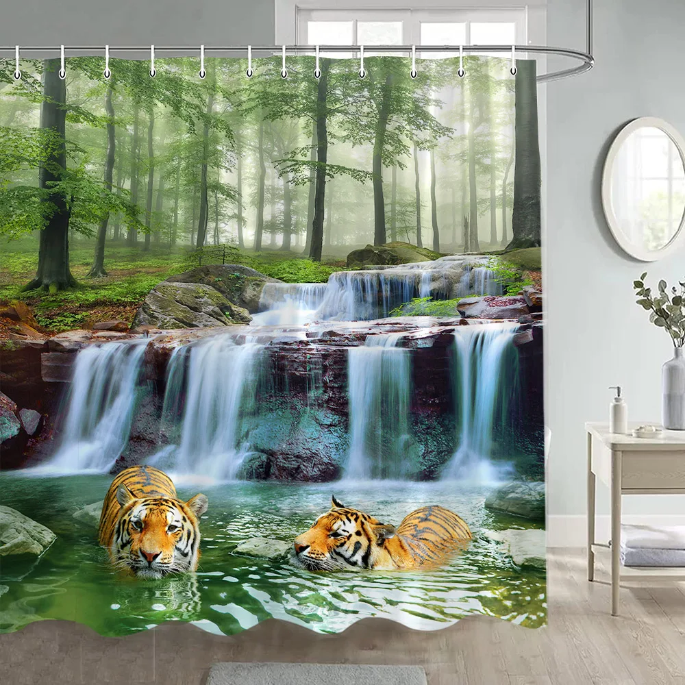 Forest Shower Curtains Sunshine Green Trees Plants Brown Window Nature Landscape Polyester Bathroom Curtain Set Decor with Hooks