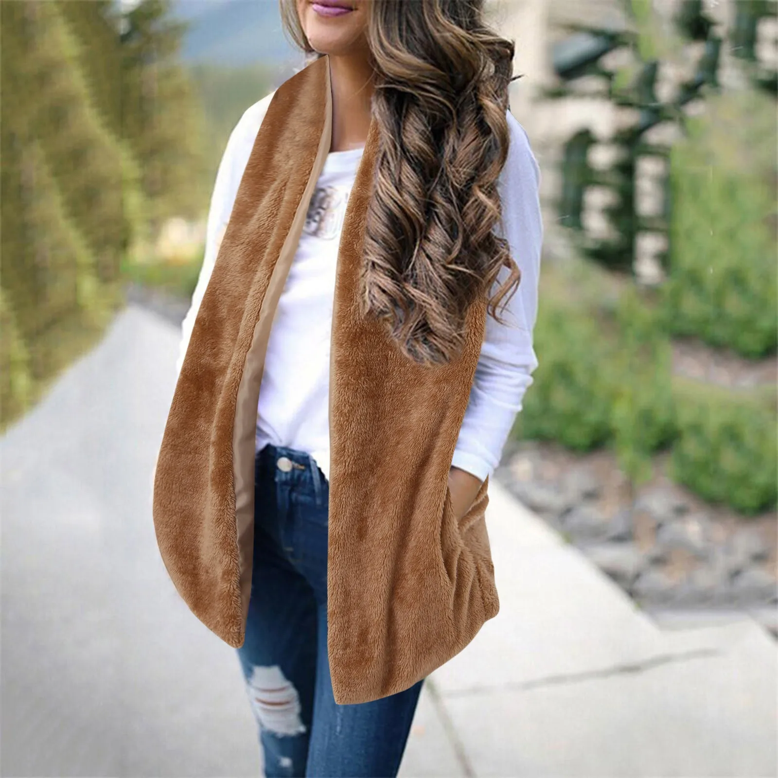 Fall Winter Warm Women Fleece Outwear Vests Faux Furry Sleeveless Coat With Two Pockets Artificial Wool Open Front Vest Coat