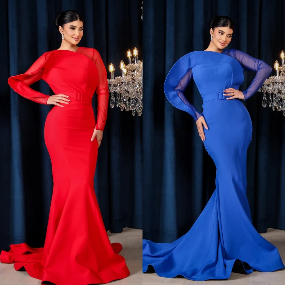 

Customized High Quality Classic Jersey Sash Pleat Mermaid Scoop Neck Long Dresses Bespoke Occasion Dresses Modern Style Formal