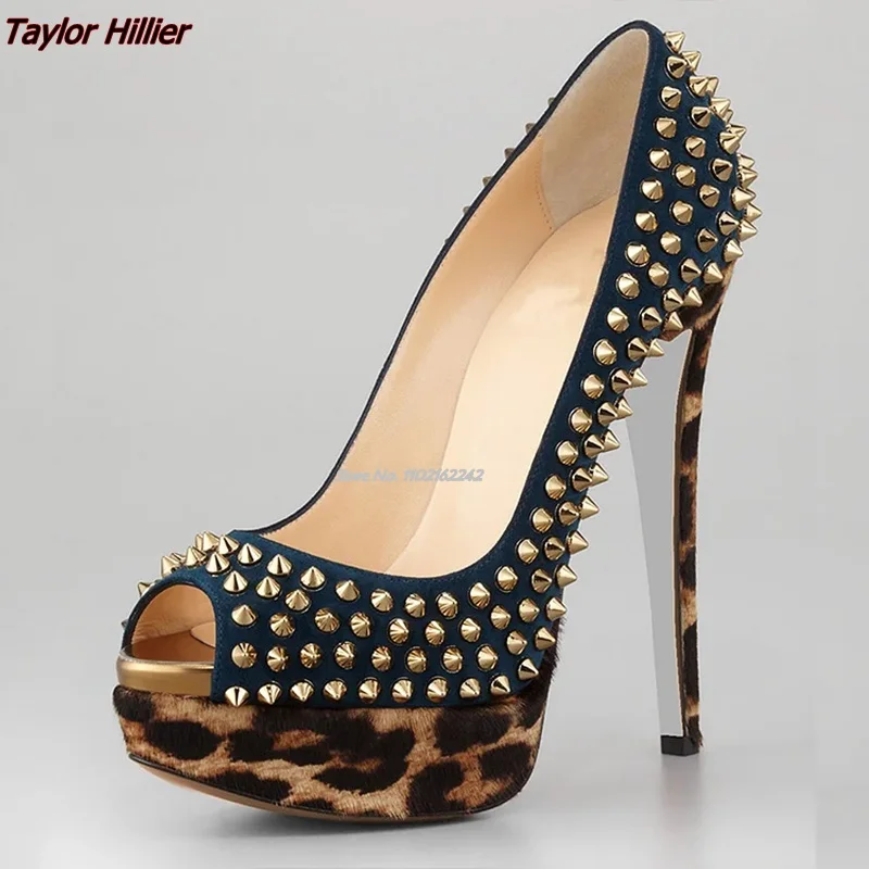 

Sexy Leopard Print Rivet Water Table High Heels Summer Open Toe Shallow Mouth Nightclub Party Banquet Women'S Shoes Gladiator 46