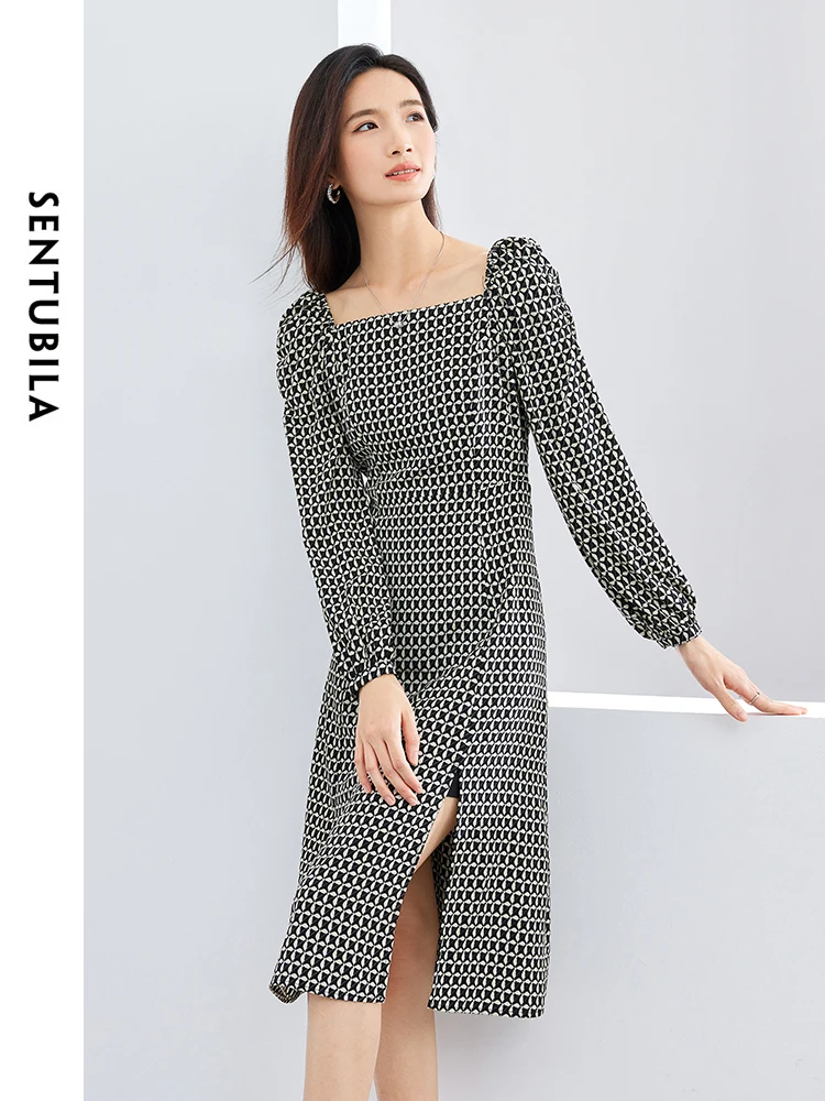 SENTUBILA Colletto Quadrato Pianura Abiti Stampati per Le Donne 2024 Primavera Autunno Moda Manica a Soffio Abito Smocked Vestiti 141L53178X