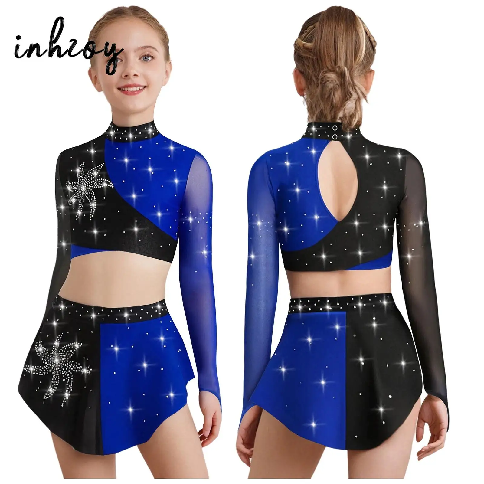 Ballet Gymnastics Sets Figure Skating Dance Performance Outfit for Kids Girls Color Block Rhinestones Crop Top Skirt Dancewear