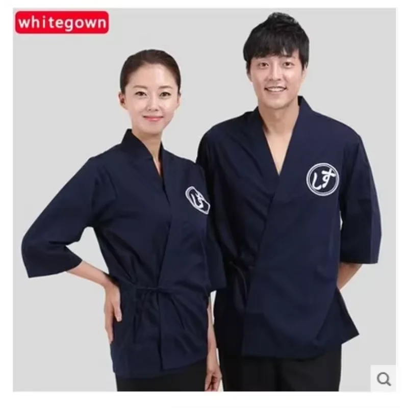 ชุดเชฟซูชิ Workwear อาหารญี่ปุ่นเสื้อกิโมโน Cook แจ็คเก็ตฤดูใบไม้ผลิสีฟ้า