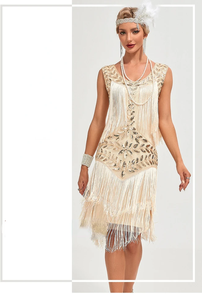 1920 European and American retro sequined dress Gatsby ball fringed dress party party beaded toasting dress