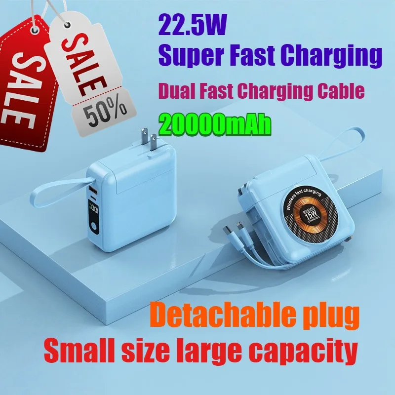

22.5W 20000mAh Fast Charging Power Bank with AC Plug Built-in Cable Magnetic Wireless Portable Charger