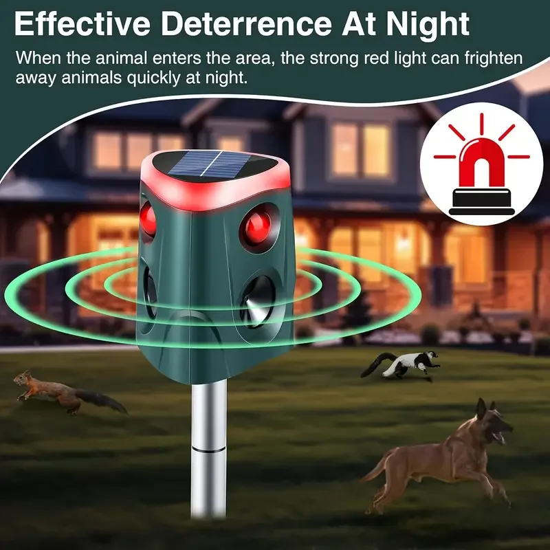 Solar Ultrasonic Animal Repellent with LED Flashing Multi Gear Adjustment Infrared Sensing Rodent Deterrer Outdoor Garden Use