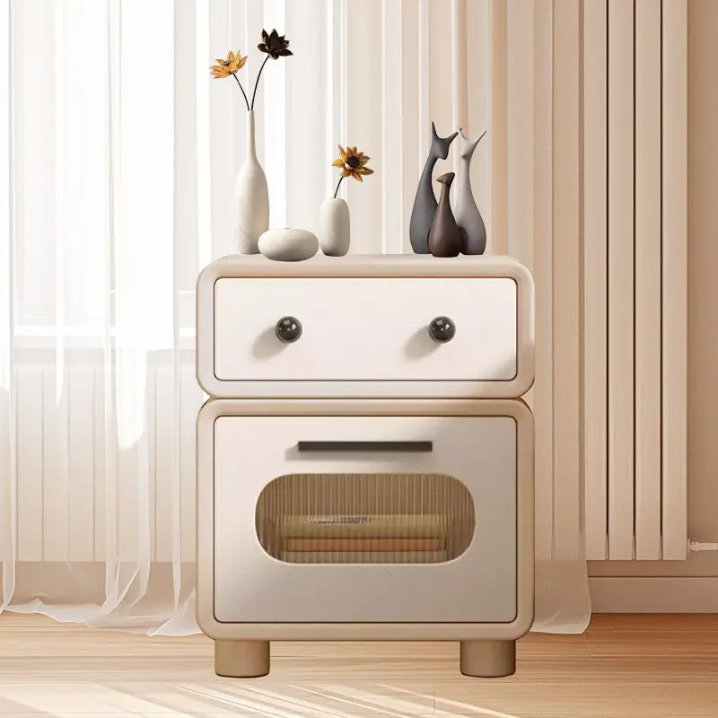 Modern Cream Bedside Table with Multi-Layer Solid Wood Frame & Cat-Scratch Resistant Nappa Leather - Proof Nightstand Furniture