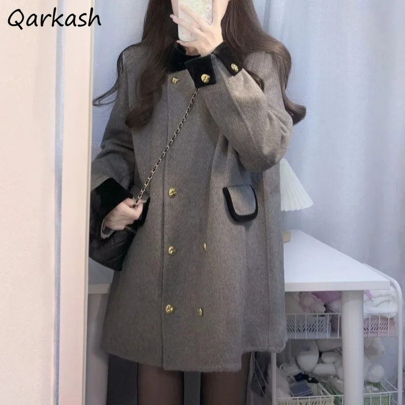 Blends Women Autumn Graceful Female Temperament Panelled Button Designed Fashion French Style Casual All-match Baggy Cozy Coats