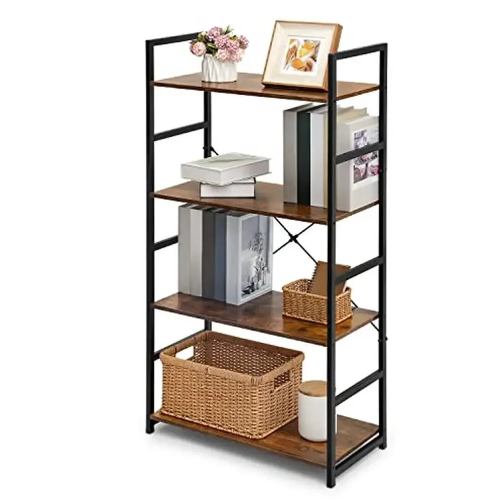 

4-Tier Industrial Bookcase Metal Frame Storage Shelves Living Study Rustic Brown Display Stable Reliable Waterproof Sturdy Easy