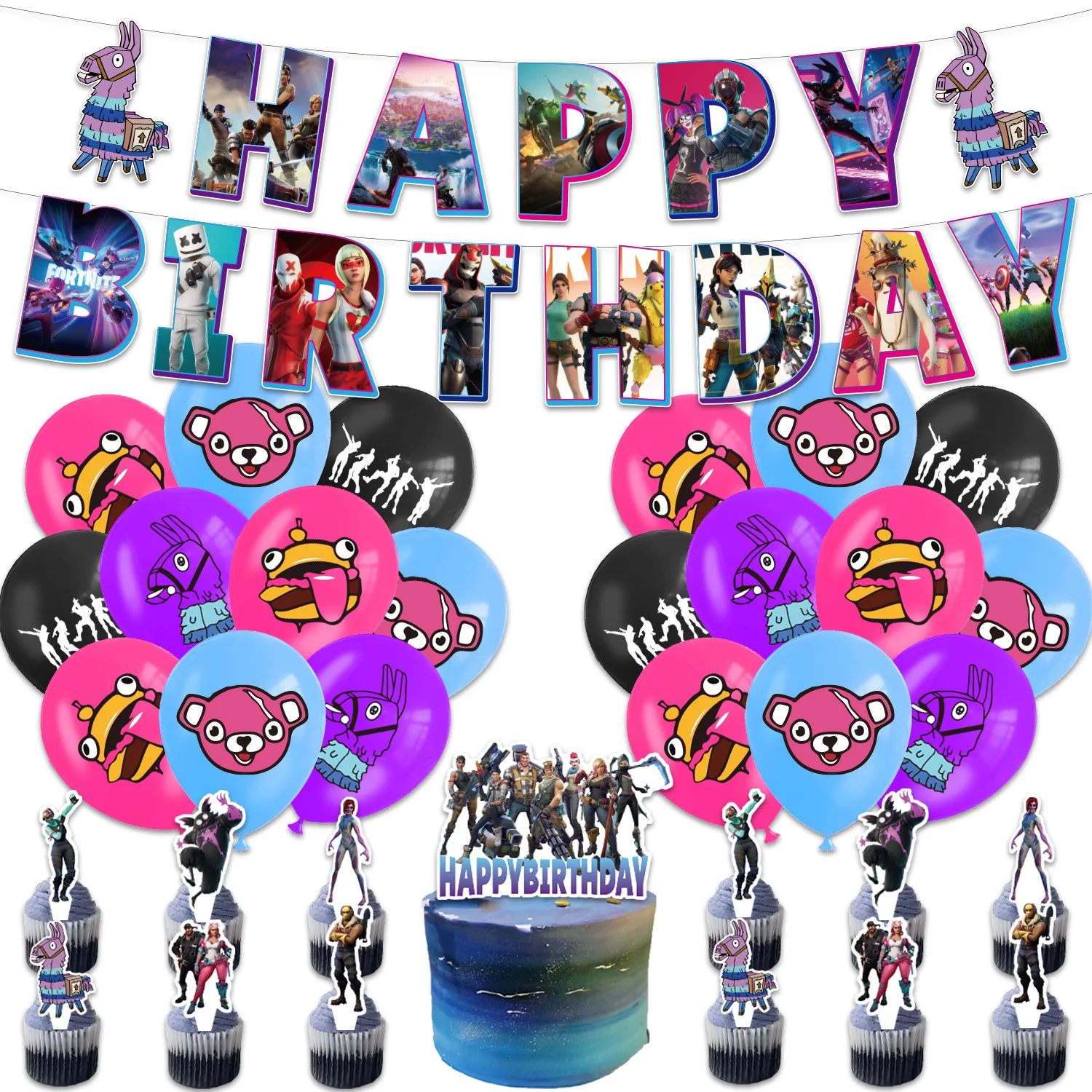 Fortnites Theme Birthday Party Supplies ชุดร้อนเกมแบนเนอร์เค้กตกแต่งการ์ตูนลูกโป่งของเล่นของขวัญตลก