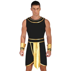 Mens Halloween Egyptian Pharaoh Costume Cosplay Theme Party Ancient Egypt God Robe Dress Greek Rome Spartan Warrior with Cuffs