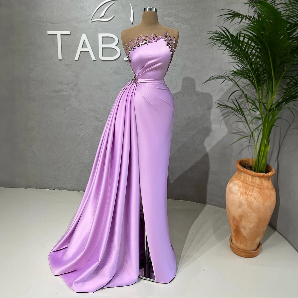 

Fashion Strapless Satin Beaded Appliques Prom Dress for Women Sexy Mermaid Backless Side Split Sweep Court Prom Evening Gown