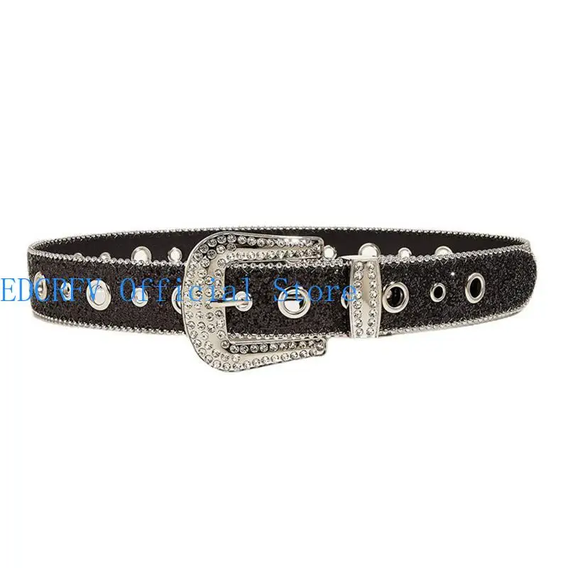 

652F Punk Buckle Belts Woman Locomotive Full Sequins Waist Belts Western Cowgirl Y2K Girls Belt for Jeans Men