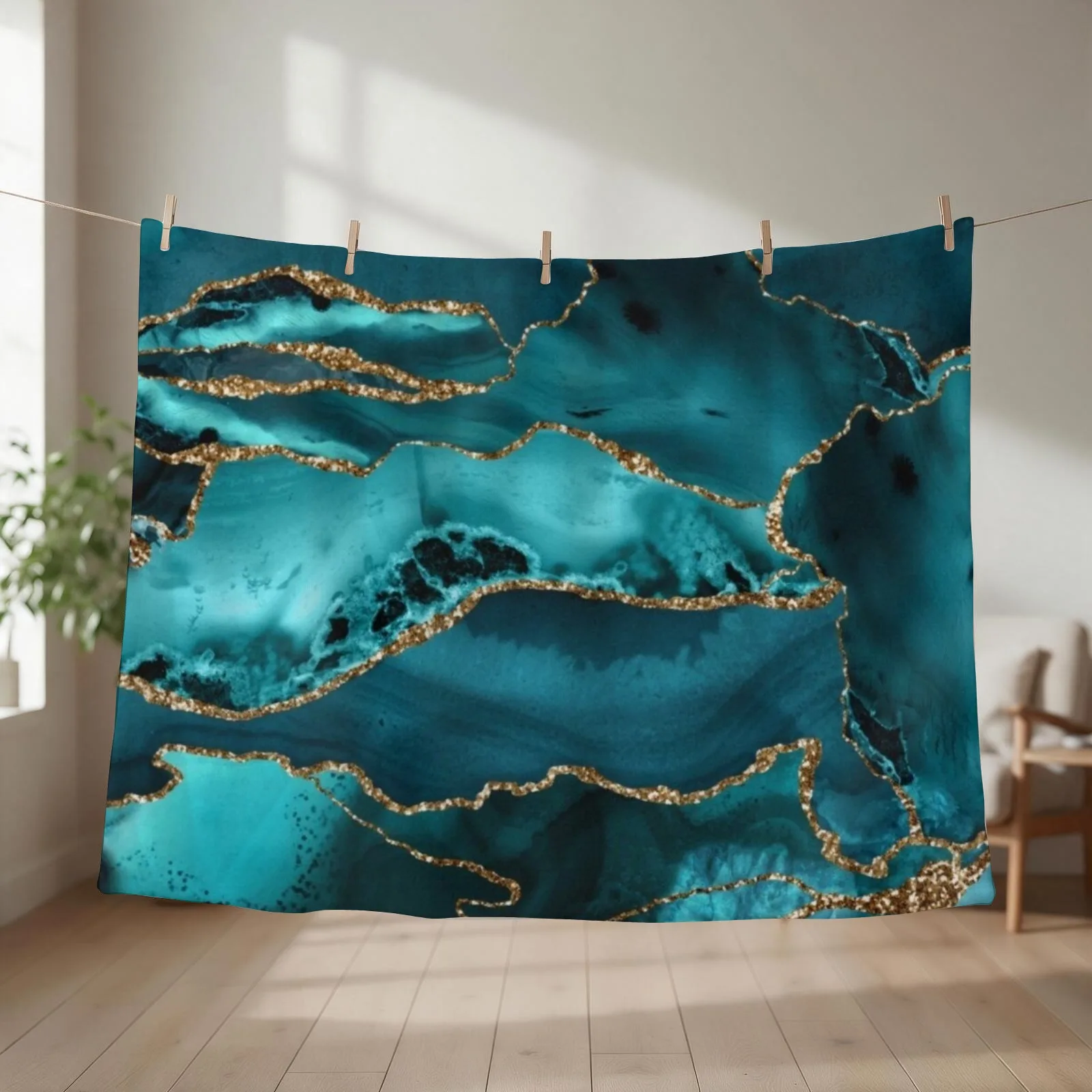 Luxurious Turquoise Blue and Gold Shimmer Agate Throw Blanket couch cozy soft plush fuzzy picnic outdoor blanket