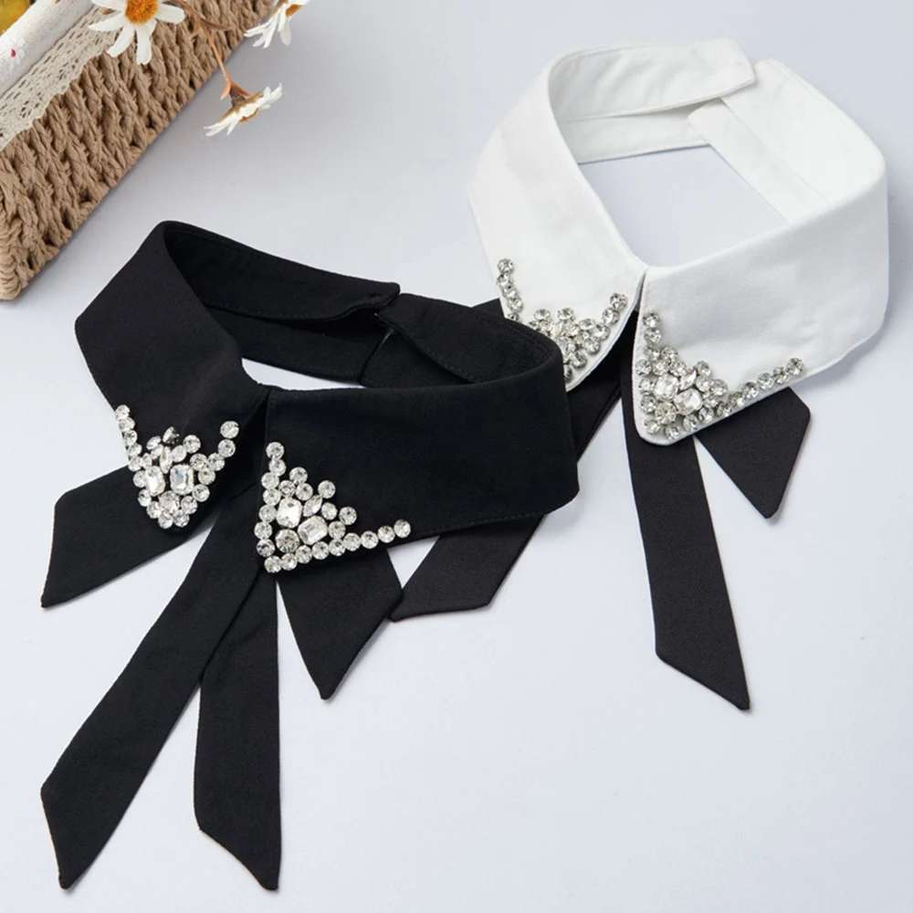 

Women Detachable Fake Collar Exquisite Diamond T-shirt Collar Black White Bowtie Fake Collar Decorative Accessories Wholesale