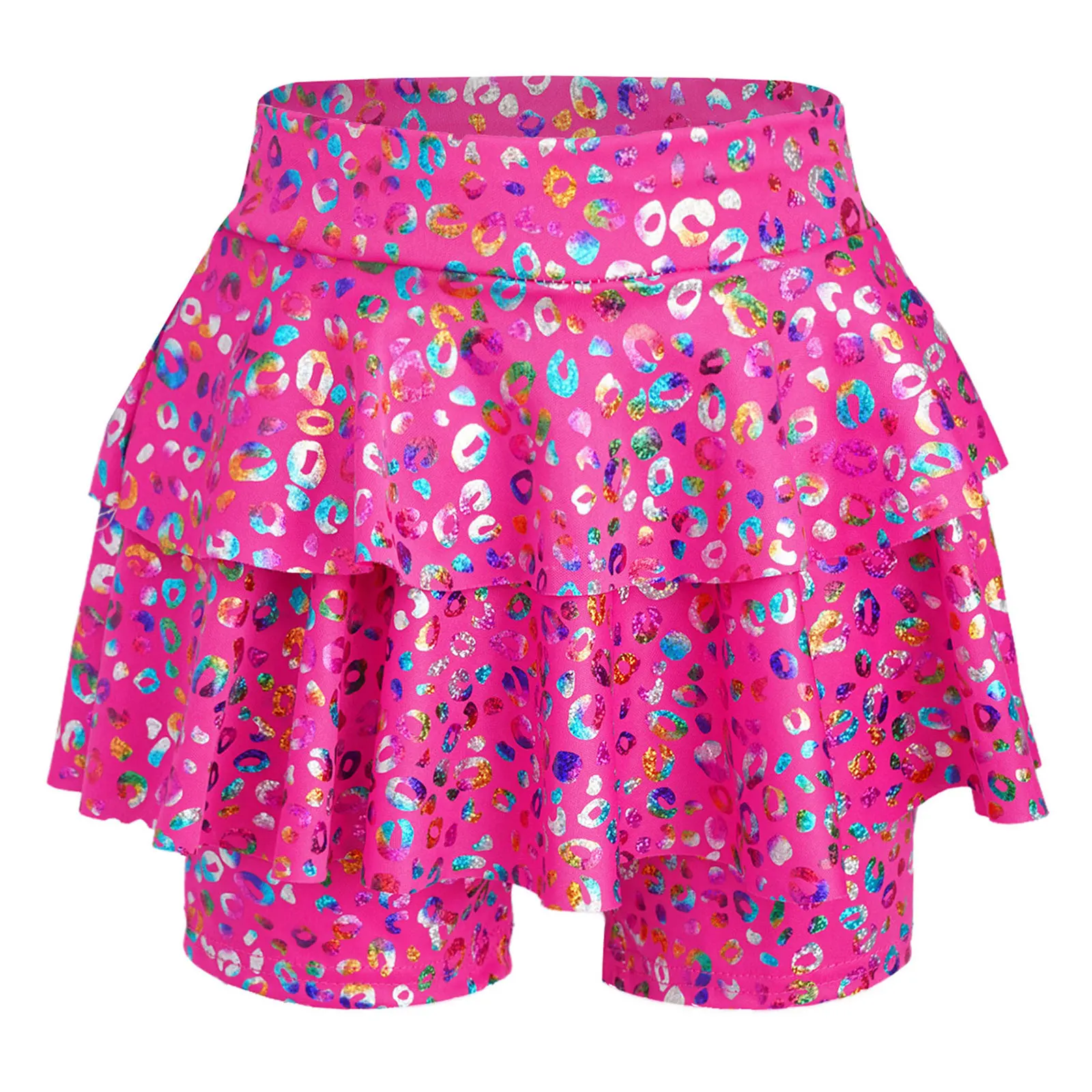 キッズガールズジャズダンススカートキュロットファッションメタリックヒョウ柄ハイウエストスカート付きショーツチアリーディングバレエスカート