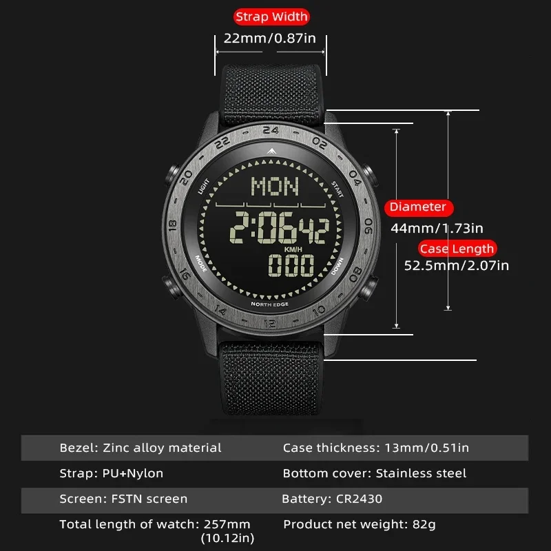 NORTH EDGE TANK 3 Men's Digital Military Watch Outdoor Sports 50M Waterproof with Pedometer Calories Tracker And Compass